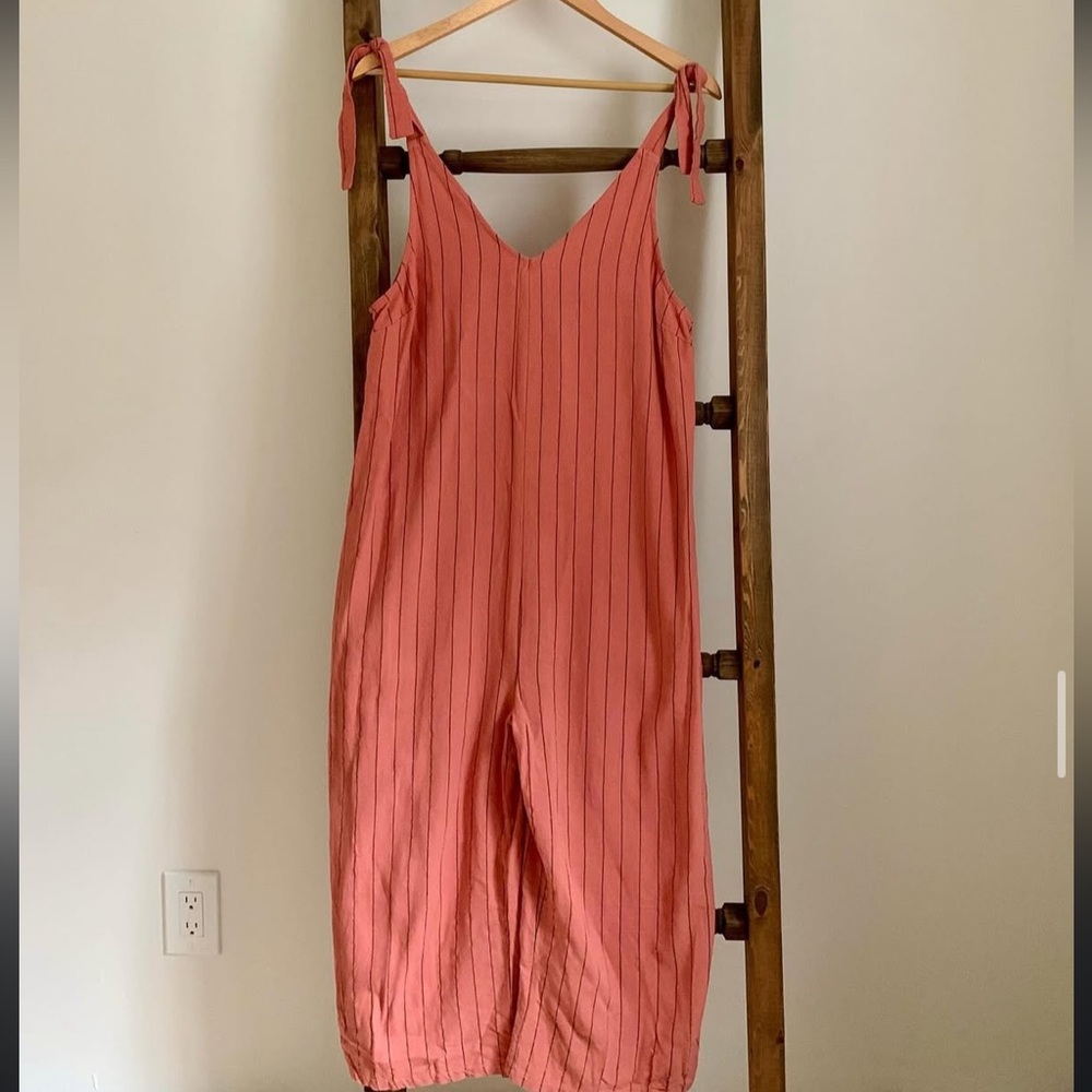 Women’s Coral Pink Striped Linen Romper Jumpsuit Size Medium